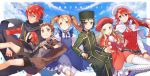  3boys 3girls aliese_martini asahikawa_hiyori aty_(summon_night) black_hair blonde_hair blue_eyes brown_eyes brown_hair fingerless_gloves gloves hat long_hair multiple_boys multiple_girls necktie nup_martini orange_eyes orange_hair redhead rexx summon_night summon_night_3 thigh-highs twintails 