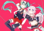  2girls absurdres blue_eyes goggles goggles_on_head green_eyes green_hair hatsune_miku highres ia_(vocaloid) long_hair megaphone midriff multiple_girls navel necktie pink_hair red_background skirt thigh-highs twintails very_long_hair vocaloid 