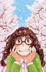  1girl braid brown brown-framed_glasses brown_hair cherry_blossoms clenched_teeth curly_hair eyes face glasses hands_on_own_cheeks hands_on_own_face monaka_(siromona) original petals round_glasses shirt sky solo sweatdrop twin_braids upper_body 
