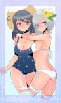  2girls black_hair blue_eyes breasts brown_eyes character_name cleavage flower hair_flower hair_ornament hair_over_one_eye hamakaze_(kantai_collection) hat kantai_collection long_hair multiple_girls one-piece_swimsuit short_hair silver_hair sunflower sunflower_hair_ornament swimsuit thigh-highs tsuki_(tsukiookami) ushio_(kantai_collection) 
