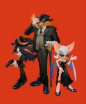  alternate_costume aoki_(fumomo) black_dress cane cigar dr._eggman dress formal gun handgun hat high_heels necktie red_background rouge_the_bat shadow_the_hedgehog shoes sonic_the_hedgehog suit sunglasses weapon 