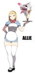  1girl accho_(macchonburike) apron blonde_hair blue_eyes character_name food half-closed_eyes hand_on_hip highres ice_cream long_hair mary_janes monster shoes solo sweatdrop thigh-highs thighs tray waitress white_background 