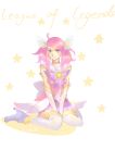  1girl absurdres ahoge alternate_costume alternate_hair_color alternate_hairstyle between_legs choker copyright_name elbow_gloves gloves hand_between_legs highres kiku_(mmyko) league_of_legends luxanna_crownguard magical_girl pink_hair sailor_collar sitting solo star_guardian_lux tiara twintails violet_eyes wariza white_gloves 
