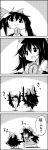  1girl 4koma arm_cannon arms_up bird_wings bow cape comic commentary_request hair_bow highres monochrome open_mouth pose reiuji_utsuho shirt skirt smile standing_on_one_leg tani_takeshi third_eye touhou translated weapon wings yukkuri_shiteitte_ne |_| 