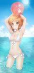  1girl armpits arms_up ball beachball bikini breasts brown_eyes brown_hair cleavage collarbone girls_und_panzer looking_at_viewer midriff navel nishizumi_miho ocean parted_lips partially_submerged pomery short_hair side-tie_bikini solo sun swimsuit 