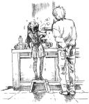  1boy 1girl apron arms_behind_back cooking height_difference jikken_shirou kitchen long_hair monochrome original pantyhose sketch skirt stool twintails 