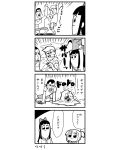  2boys 2girls 4koma :3 bkub bow comic hair_bow highres long_hair melting monochrome multiple_boys multiple_girls pipimi poptepipic popuko school_uniform serafuku sidelocks simple_background translation_request two-tone_background two_side_up 