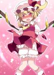  1girl ascot blonde_hair bloomers blush commentary_request flandre_scarlet hammer_(sunset_beach) hat magic_circle mob_cap open_mouth red_eyes short_hair side_ponytail skirt skirt_lift solo star touhou underwear wings 