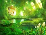  1girl bird brown_hair green hand_to_own_mouth highres lily_pad monaka_(siromona) nature original pond scenery window 