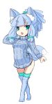  1girl animal_ears blue_hair commentary_request fox_ears fox_tail kogetsu_tooka original ribbed_sweater simple_background solo sweater tail white_background 