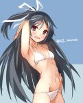  1girl alternate_costume bikini black_hair blue_background blue_eyes hand_behind_head hand_on_hip kantai_collection katsuragi_(kantai_collection) long_hair looking_at_viewer messy_hair open_mouth skinny small_breasts smile solo swimsuit takanashie white_bikini white_swimsuit 