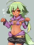  1girl animal_ears blush borrowed_character commentary_request dark_skin green_hair haniwagi_(hal) navel original paw_pose simple_background solo tail 
