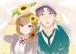  1boy 1girl apfl0515 blue_eyes brown_eyes brown_hair flower gekkan_shoujo_nozaki-kun highres long_hair necktie purple_hair school_uniform seo_yuzuki sunflower wakamatsu_hirotaka 