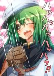  1girl blush cape closed_eyes commentary_request eyepatch green_hair highres kantai_collection kiso_(kantai_collection) maokyu open_mouth remodel_(kantai_collection) school_uniform serafuku short_hair smile solo thumbs_down 