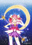  1girl :q absurdres ahoge alternate_costume alternate_hair_color alternate_hairstyle choker crescent_moon domo_natsu_takashi_teki_suika elbow_gloves gloves highres league_of_legends licking_lips looking_at_viewer luxanna_crownguard magical_girl moon pink_hair solo star star-shaped_pupils star_guardian_lux symbol-shaped_pupils thigh-highs tiara tongue tongue_out twintails v_over_eye violet_eyes white_gloves white_legwear 