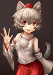  1girl animal_ears detached_sleeves fang hat inubashiri_momiji japanese_clothes long_sleeves looking_at_viewer owan pom_pom_(clothes) red_eyes shirt short_hair silver_hair simple_background skirt smile solo tail tokin_hat touhou upper_body wide_sleeves wolf_ears wolf_tail 