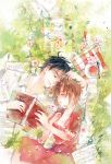  1boy 1girl black_hair brown_hair chiaki_shin&#039;ichi closed_eyes couple cup dress hetero lying musical_note noda_megumi nodame_cantabile rei_(456789io) sheet_music short_hair sleeping smile spoon tea traditional_media watercolor_(medium) 