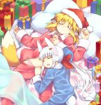  2girls 3: animal_ears apricot_(yamai) bed blanket blush bow closed_eyes fox_ears fox_tail gift hair_ribbon hat lying lying_on_person multiple_girls navel on_back on_bed on_stomach open_mouth open_pajamas orange_hair original pajamas pajamas_pull panties pillow ponytail rabbit_ears ribbon santa_hat sleeping striped striped_panties tail underwear usa_(yamai) white_hair yamai 