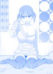  1girl :d blanket blue breasts cleavage collarbone crumpled_paper curtains himura_kiseki horizontal_stripes large_breasts looking_at_viewer no_shoes open_mouth original paper short_hair short_twintails sitting sleeves_past_wrists smile solo striped striped_legwear sweater taut_clothes thigh-highs twintails zettai_ryouiki 