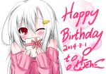  1girl blush dated gift hair_ornament hairclip happy_birthday lethe-shion long_hair looking_at_viewer one_eye_closed red_eyes simple_background solo white_background white_hair 