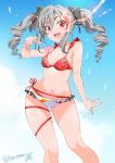  1girl :d arm_up bikini blue_sky bow breasts cleavage drill_hair fingernails glowing glowing_eye hair_between_eyes hair_bow idolmaster idolmaster_cinderella_girls inoue_sora kanzaki_ranko long_hair nail_polish navel open_mouth outstretched_hand red_eyes ribbon silver_hair sky smile solo swimsuit thigh_ribbon twin_drills twitter_username 