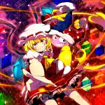  1girl ascot blonde_hair blue_eyes crossover crystal evil_grin evil_smile flandre_scarlet grin hat hat_ribbon heterochromia jester_cap kirby_(series) looking_at_viewer marx mob_cap puffy_sleeves red_eyes ribbon sharp_teeth shirt shirushiki short_hair short_sleeves side_ponytail skirt skirt_set smile touhou vest wings 