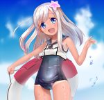 1girl blonde_hair blue_eyes crop_top flower hair_flower hair_ornament kantai_collection lifebuoy long_hair n0bng one-piece_tan ro-500_(kantai_collection) sailor_collar school_swimsuit swimsuit swimsuit_under_clothes tan tanline 