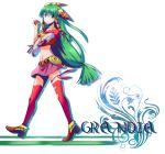  1girl apple breasts feena_(grandia) food fruit grandia grandia_i green_hair hair_ornament hair_tubes highres long_hair low-tied_long_hair skirt smile solo 