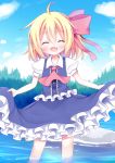  ahoge ascot blonde_hair blue_sky blush closed_eyes clouds curtsey esureki fang forest hair_ribbon nature open_mouth puffy_short_sleeves puffy_sleeves ribbon river rumia shirt short_sleeves skirt skirt_set sky smile soaking_feet touhou vest water 