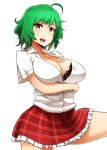  1girl adapted_costume black_bra bra breasts cleavage cowboy_shot green_hair hand_on_own_chest kazami_yuuka lace-trimmed_bra large_breasts looking_at_viewer mattari_yufi miniskirt open_clothes open_mouth open_shirt red_eyes shirt short_sleeves skirt smile solo touhou underwear 