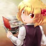  1girl :o bbb_(33kudo) blonde_hair fan fish food grill grilling hair_ribbon looking_at_viewer looking_back red_eyes ribbon rumia shichirin shirt short_hair smoke touhou vest 