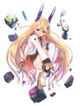 1girl blonde_hair boots fetal_position hair_ornament highres horns jacket leotard long_hair long_sleeves official_art open_clothes open_jacket original over-kneehighs shirabi_(life-is-free) solo test_tube thigh-highs thighs very_long_hair violet_eyes white_legwear zettai_ryouiki 