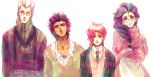  1girl 3boys adult apron bespectacled black_hair braid cherie_polnareff glasses jean_pierre_polnareff jojo_no_kimyou_na_bouken kakyouin_noriaki mannish_boy multiple_boys redhead scarf sweater tan time_paradox ura_(mukimeineko) young 