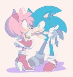 1boy 1girl amy_rose aoki_(fumomo) blush boots dress gloves green_eyes hairband one_eye_closed red_dress shoes sneakers sonic sonic_the_hedgehog tail 