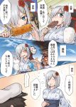  admiral_(kantai_collection) ball blue_eyes breasts comic corn cotton_candy eating explosion hair_ornament hair_over_one_eye hairclip hamakaze_(kantai_collection) i-class_destroyer japanese_clothes kantai_collection kimono large_breasts shinkaisei-kan short_hair silver_hair squid toritora translation_request yukata 