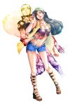  2girls afro black_hair hat highres jojo_no_kimyou_na_bouken jojolion love_love_deluxe_(stand) marcia_(sthforlove) midriff multiple_girls sakunami_karera sandals short_shorts shorts stand_(jojo) 