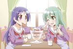  2girls blush burei_runa commentary_request curtains food food_in_mouth fruit glass green_eyes green_hair handkerchief heart heart-shaped_pupils highres ice_cube kohana_rin long_hair multiple_girls parfait pink_eyes purple_hair sayo_(sore_ga_seiyuu!) school_uniform serafuku sitting sore_ga_seiyuu! spoon strawberry symbol-shaped_pupils table waffle window wiping wiping_mouth 