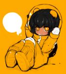  1girl animal_ears black_hair blush dark_skin hands_on_headwear monochrome nekodason orange_(color) orange_eyes original panda_ears personification sitting sketch solo space_helmet spacesuit tan 