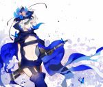  1girl blue_eyes breasts cape eyepatch flower fremy_speeddraw gun hair_flower hair_ornament hairband km_(kyoma0) rifle rokka_no_yuusha short_hair solo under_boob weapon white_hair 