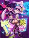  2girls aori_(splatoon) crop_top earrings eyepatch gloves hotaru_(splatoon) jewelry mask multiple_girls pointy_ears raspbeary short_hair short_shorts shorts splatoon tentacle_hair 