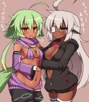  2girls animal_ears blush borrowed_character breasts commentary_request dark_skin green_hair haniwagi_(hal) long_hair multiple_girls navel open_mouth original simple_background smile tail translation_request very_long_hair 