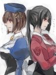  2girls back-to-back belphegor black_hair brown_hair cornelia_(umineko) hat juliet_sleeves long_sleeves multiple_girls ponytail puffy_sleeves red_eyes sofy sweat translation_request umineko_no_naku_koro_ni 