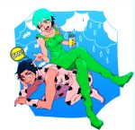  1boy 1girl black_hair blue_eyes drink foo_fighters green_eyes green_hair jojo_no_kimyou_na_bouken one_eye_closed overalls pointing rykiel short_hair yyy246 