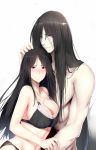  1boy 1girl black_hair black_panties blush bra breasts cleavage collarbone hand_on_another&#039;s_head hews_hack large_breasts long_hair navel original panties red_eyes simple_background topless underwear white_background 