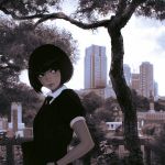  1girl black_eyes black_hair bracelet building city graveyard ilya_kuvshinov jewelry original outdoors skyscraper tombstone tree 