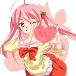  1girl commentary_request food frilled_skirt frills from_above fruit hair_ornament heart heart_hands long_hair looking_at_viewer moesaki_ichigo nakajimayou one_eye_closed pink_hair red_ribbon ribbon skirt solo sore_ga_seiyuu! strawberry strawberry_hair_ornament twintails white_background yellow_eyes 