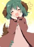  1girl :3 animal_ears blush closed_eyes dress fang green_hair hands_on_own_cheeks hands_on_own_face heart kasodani_kyouko long_sleeves open_mouth short_hair solo tail touhou uguisu_mochi_(ykss35) yellow_background 