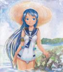  1girl adapted_costume artist_name bird blue_eyes blue_hair hat island kantai_collection long_hair mayo_riyo ocean one-piece_swimsuit rock samidare_(kantai_collection) school_swimsuit seagull smile solo sun_hat swimsuit traditional_media very_long_hair water white_school_swimsuit white_swimsuit 