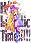  1girl american_flag_legwear american_flag_shirt arm_up blonde_hair blush clownpiece english fairy_wings full_body hat jester_cap long_hair looking_at_viewer mokotaro one_eye_closed open_mouth print_legwear red_eyes short_sleeves smile solo star striped text touhou very_long_hair white_background wings 