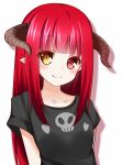  1girl blush heart heterochromia horns lethe-shion long_hair looking_at_viewer pointy_ears red_eyes redhead simple_background smile solo white_background yellow_eyes 